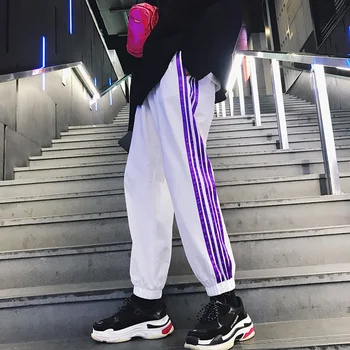 

Autumn New Trend Youth Style Wild Loose Small Fresh Korean Casual Fashion Purple Striped Men's Pants Black And White