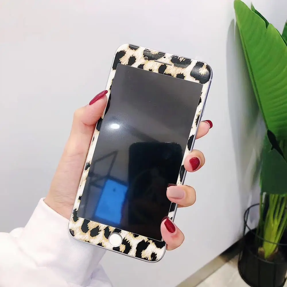 

For iPhoneXsmax 7plus 8plus 6s XR Screen Protection Fashion Leopard Skin Glossy tempered glass Carbon Fiber edge Protector