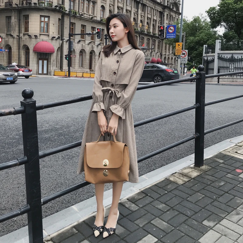 

2019 Quality Elegant Office Lady Dress Plaid Slim A-Line Button-Front Adjustable Waist Women Female Clothes