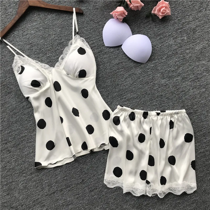 Printing Polka Dot Spaghetti Strap With Chest Pad Women Pajamas V-Neck Sexy Lace Female Lingerie