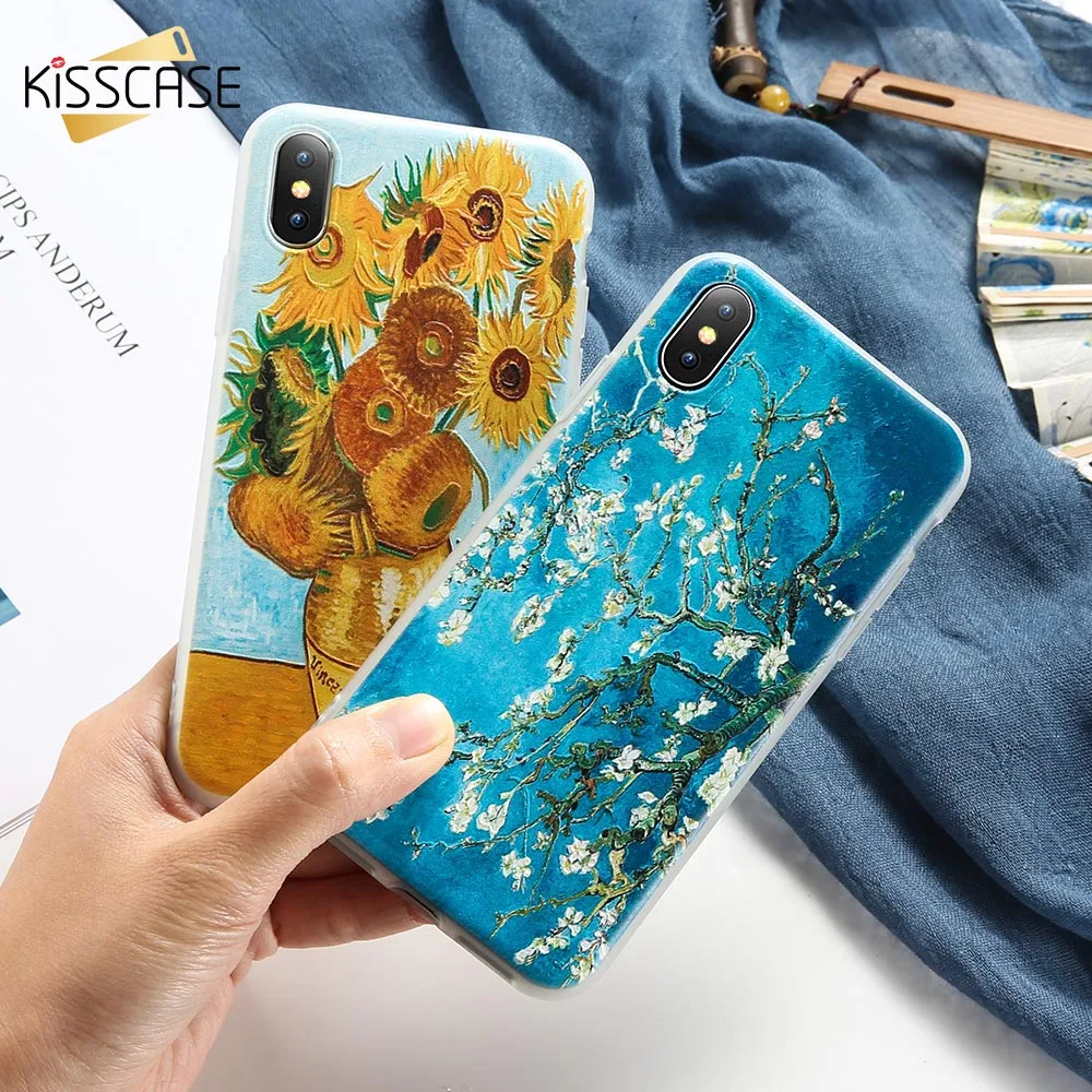 KISSCASE 3D Embossed Phone Case For iPhone X XS Max XR Van Gogh Painted Soft Cases 7 8 6 6S Plus 5 5S SE Coque Cover |