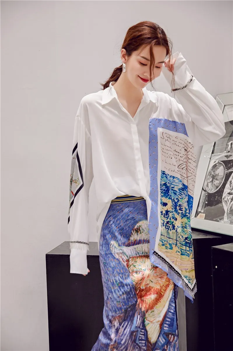 

Women Long Sleeve Irregular Blouse Print Turn Down Collar Plus Size Women Long Shirt