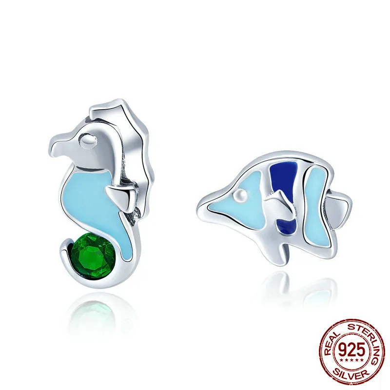 

100% 925 Sterling Silver Seahorse And Tropical Fish Color Enamel Stud Earrings For Women Fashion Silver Jewelry Sce433 BAMOER
