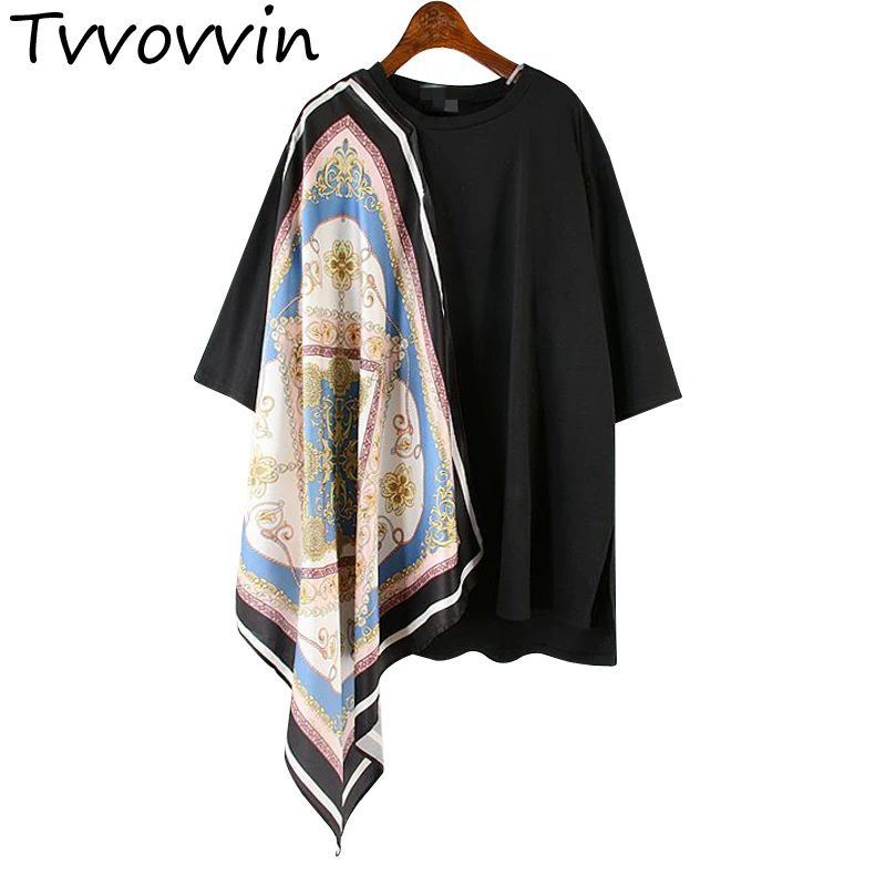 

TVVOVVIN 2019 Summer New Fashion Round Collar Short Sleeve Print Asymmetrical Pulloversvintage Loose T-shirt Women Woman AS656