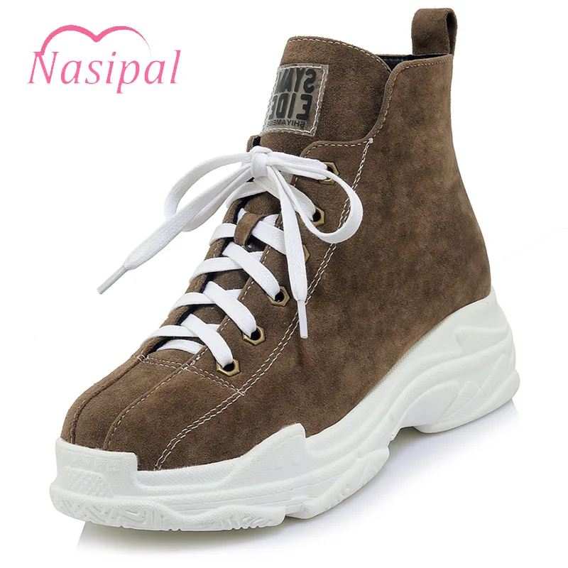 

Nasipal Botas Women Motorcycle Ankle Boots Wedges Female Lace Up Platforms Autumn Winter Leather Casual Shoes Woman high heels