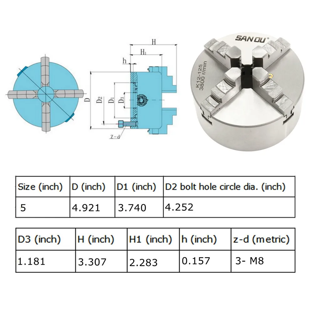 SANOU K12-125 125 мм 4 челюсти самоцентрирующийся токарный патрон с ключом для сверлильного фрезерного станка