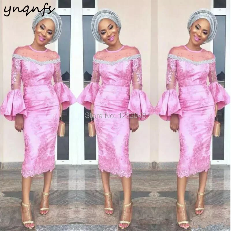 

YNQNFS M10 иллюзионное платье с длинным рукавом, розовое вечернее платье, наряды для мам, длиной ниже колена, кружевное платье для матери невесты