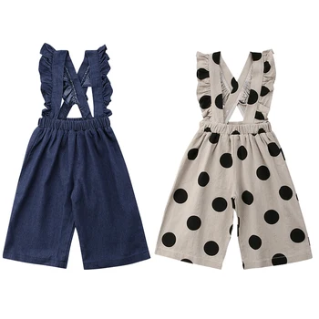 

6M-5Y Toddler Kids Baby Girl Denim Overalls Bib Pant Ruffles Polka Dot Wide Leg Jumpsuit One Pieces Clothes