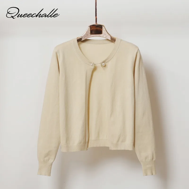 Queechalle Short Knitted Cardigan Coat Women 2021 Spring Autumn Fashion Chain Button Long Sleeve Sweater Female Loose Tops |