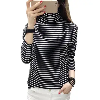

New Woman Tee Shirts Korean Harajuku Striped Turtleneck Long Sleeve T-shirt Soft Slim Fit Casual Spring T-shirts Tops for Women