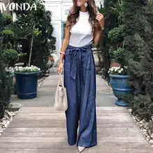 VONDA Летние Брюки 2019 Свободные Джинсовые Брюки Широкие Ноги Джинсы Эластичные Брюки с Высокой Лучший!