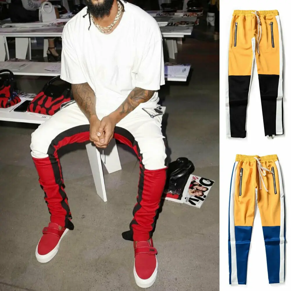 

2019 New Style Hot Men Long Casual Sport Pants Slim Fit Trousers Patchwork Zipper String With Pocket Yoga Pants