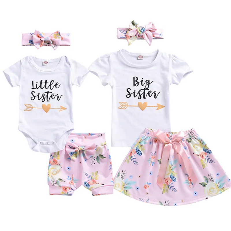 Little Big Sister Matching Clothes 3PCS Baby Girls Top Romper Shorts