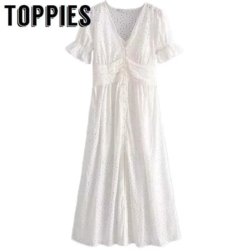 

2019 Summer 100% Cotton White Maxi Dress Women Hollow Out Embroidery Party Dress Flare Sleeve V Neck Sexy Club Wear Lady Vestido