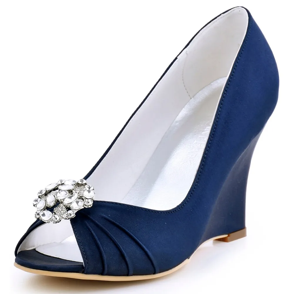 

Women Wedge Heels Wedding Bridal Pumps EP2009AH Navy Blue teal Peep Toe Rhinestone Satin Bride Lady Bridesmaid Dress Prom Shoes