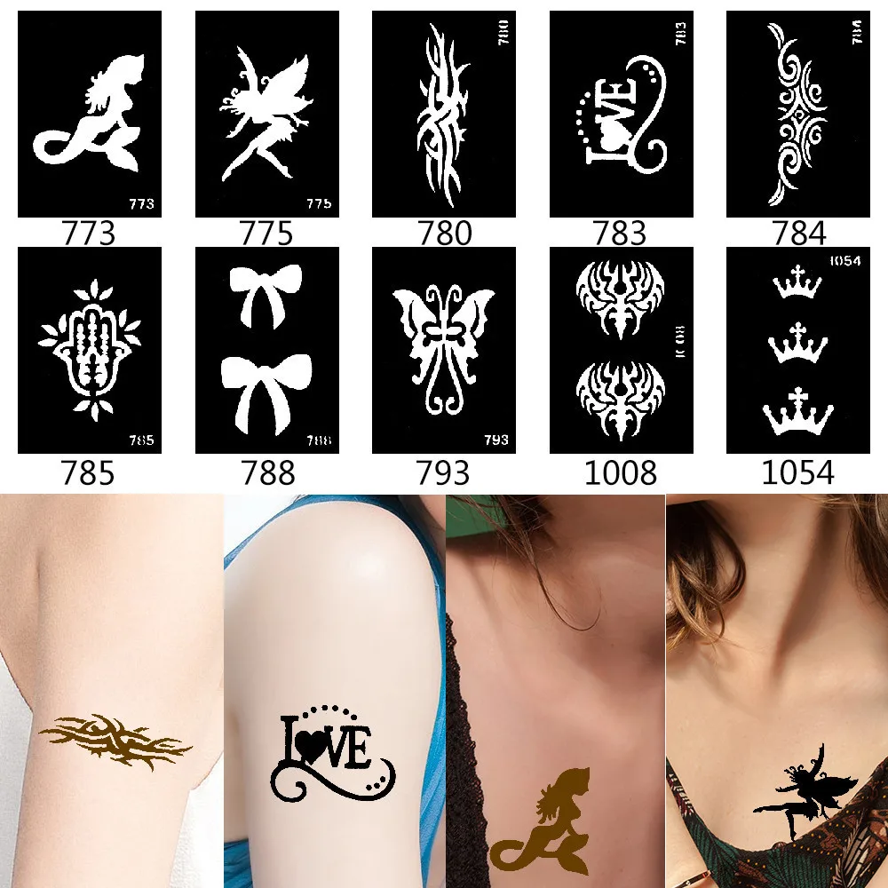 10 Buah Set Tato Henna Stensil Mahkota Pola Paste Gambar Tubuh Seni