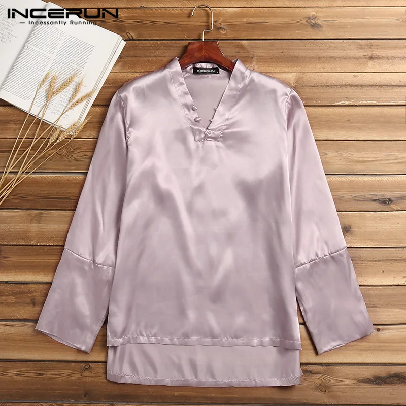 INCERUN Plus Size Silk Satin Men Payamas Sleep Tops Long Sleeve V-neck Tee Shirt Solid Color Fashion Homewear Soft Men Sleepwear