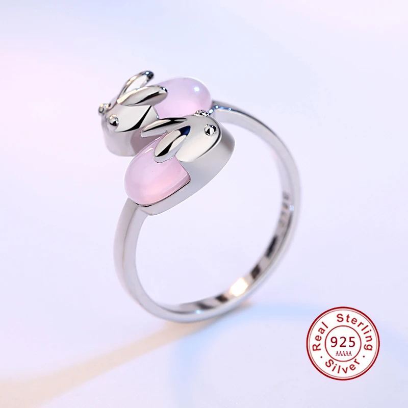 

100% 925 Sterling Silver Pink Carnelian Rabbit Ring Women S925 Silver Wedding Rings Romantic Gifts for Lovers JN0305