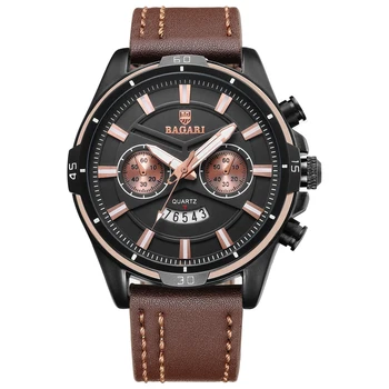

BAGARI Men's Leather Quartz Waterproof Luminous Sports Watch