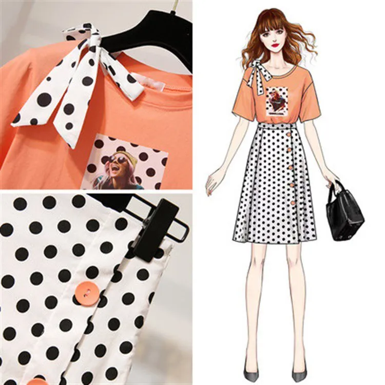 

Women Long Skirt 2 Piece Set Slim Crop Top T-shirt Dot print Skirts Girls Ladies Holiday Beach Skirts Suit