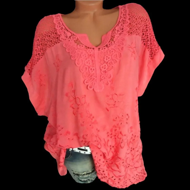 

S-5Xl Large Size Casual Ladies Hollow Out Lace Short Sleeve Shirt Loose Summer Stitching V Neck Batwing Sleeve Shirts Tops