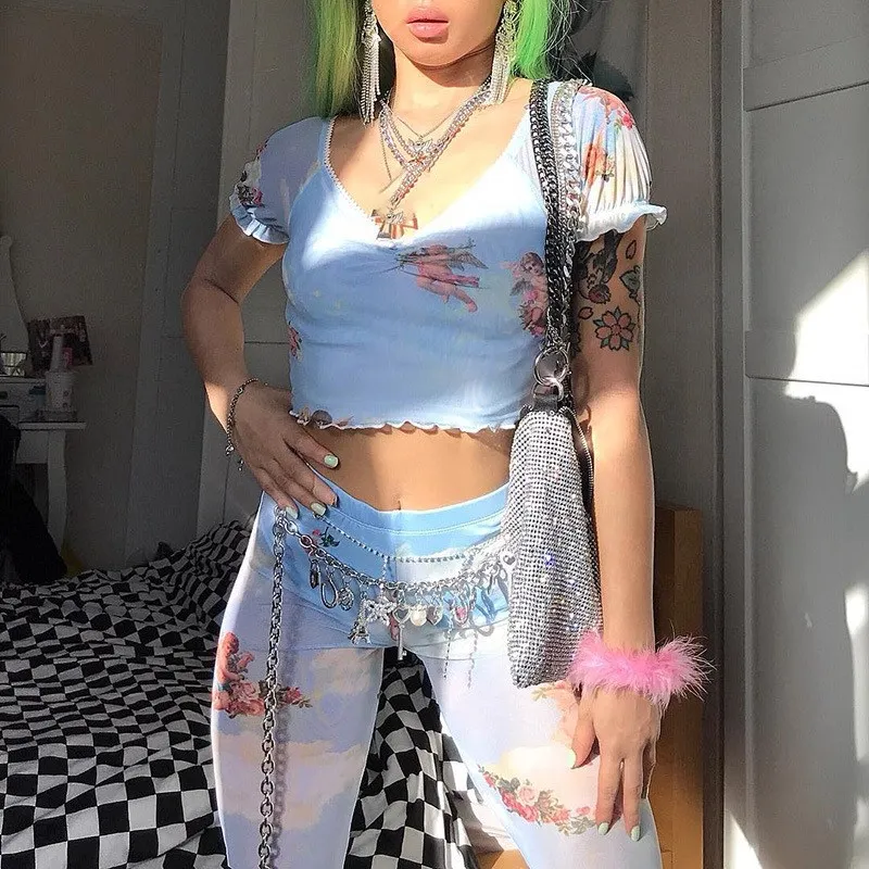 

See Through V Neck T Shirts Angel Print Mesh Flare Pants Two Piece Set Short Sleeve Crop Tops Cupid Long Pant Sets
