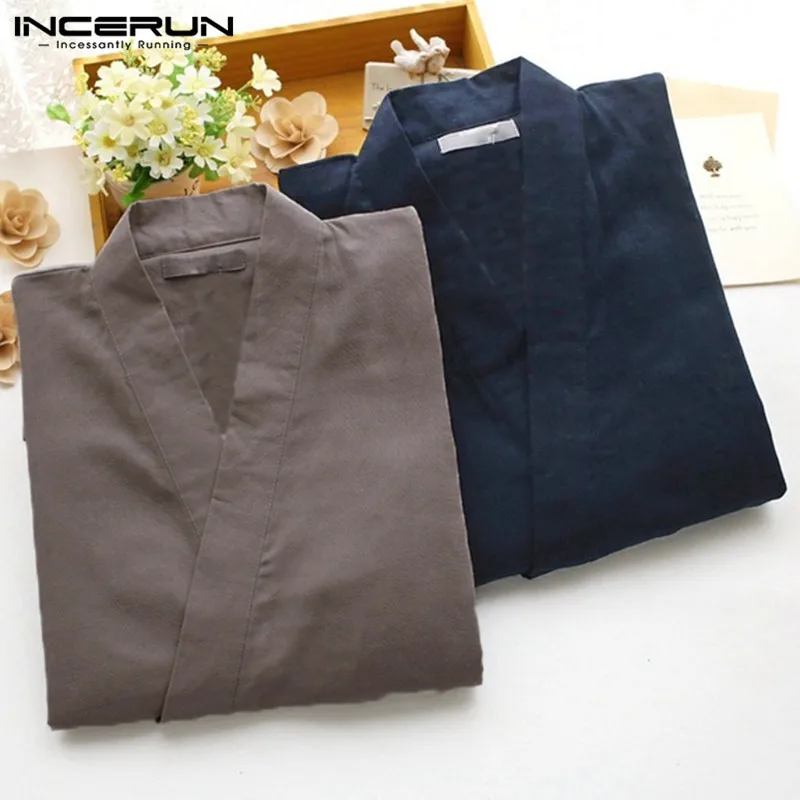 NEW INCERUN 2Pcs/Set Fashion Kimono Pajamas Male Robe Gown Mens Lounge Bathrobe Sleepwear Cotton Pajamas Suits Loose Lightwear
