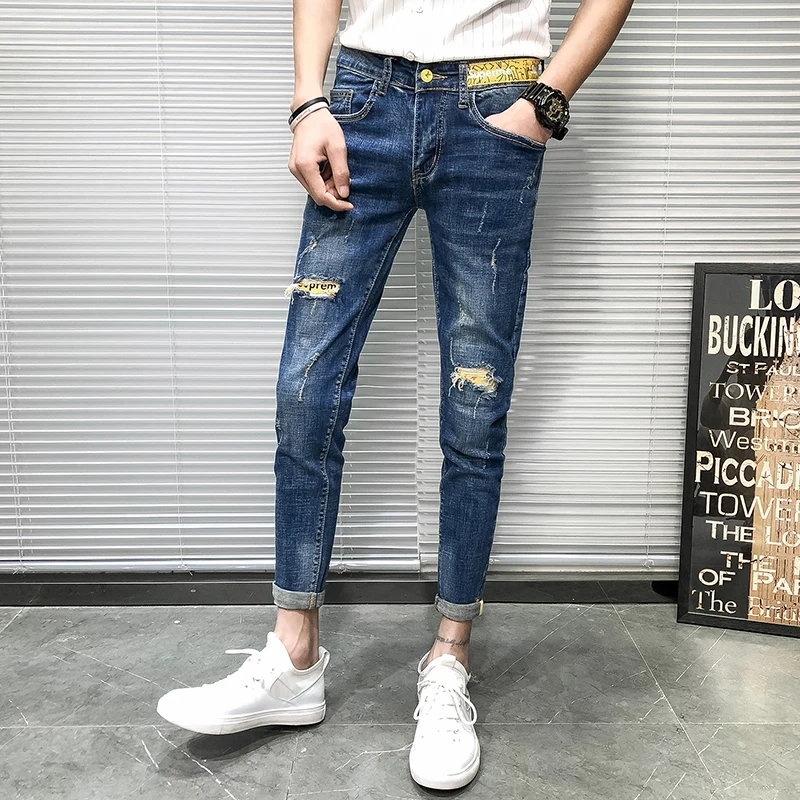 

Spring New Jeans Men Slim Fashion Washed Solid Color Casual Denim Trousers Street Hip Hop Tear Hole Cowboy Pants Male Clothes