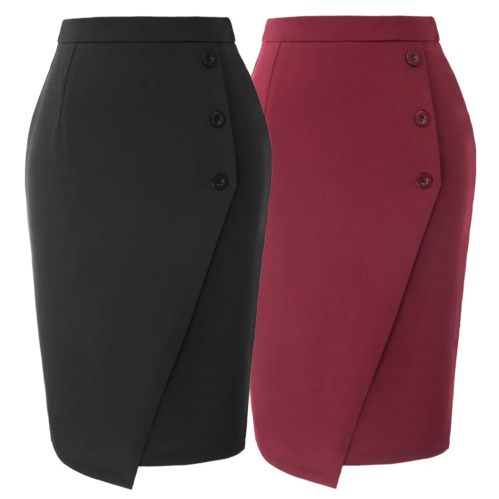 

GK vintage Women High Waist Buttons Decorated skirts solid color Back Split elegant office lady Bodycon Pencil Skirt jupe femme