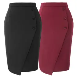 GK винтажные Для женщин Высокая Талия кнопки оформлены однотонные юбки сзади Разделение элегантный офис, женское облегающее юбка-карандаш