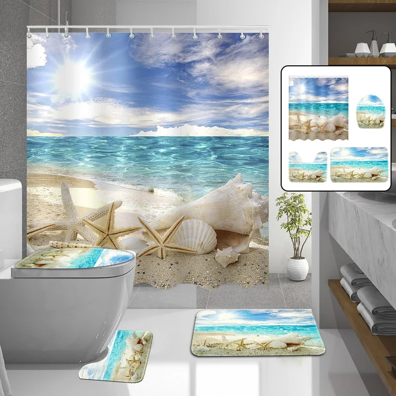 

3Pcs Seaside beach Bath Mats Anti Slip Toilet Carpet+1Pcs Waterproof Bathroom Beach Shower Bathroom Curtain Kit
