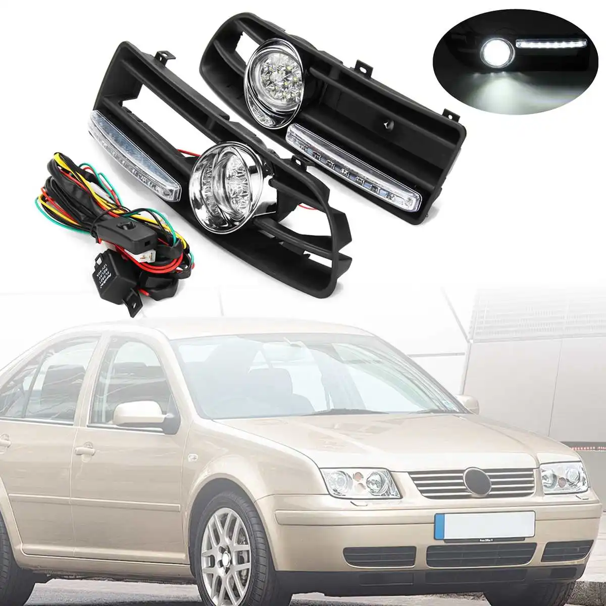 

2pcs 12V 55W LED Fog Lamp Day Running Light and Front Bumper Grill for Volkswagen Jetta Bora Mk4 1999-2004