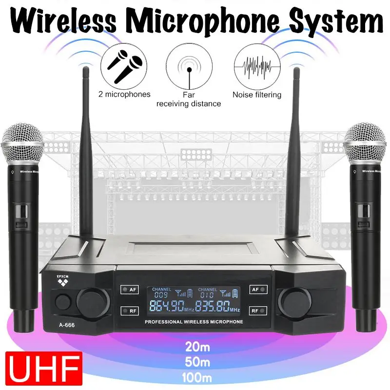 Беспроводной микрофон UHF 2 канальный беспроводной ручной Kraoke вечерние речевые