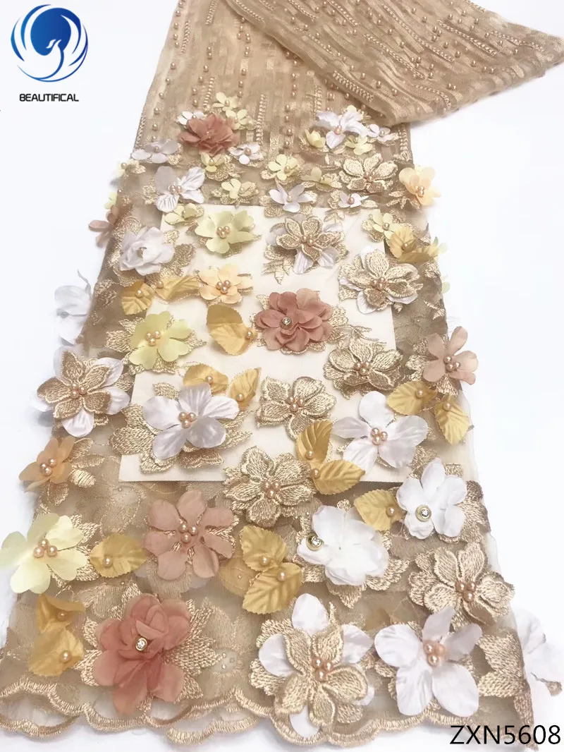 

Beautifical tulle lace fabrics 3d flower lace 2018 high quality african laces with beads for women wedding 5yards/lot ZXN56