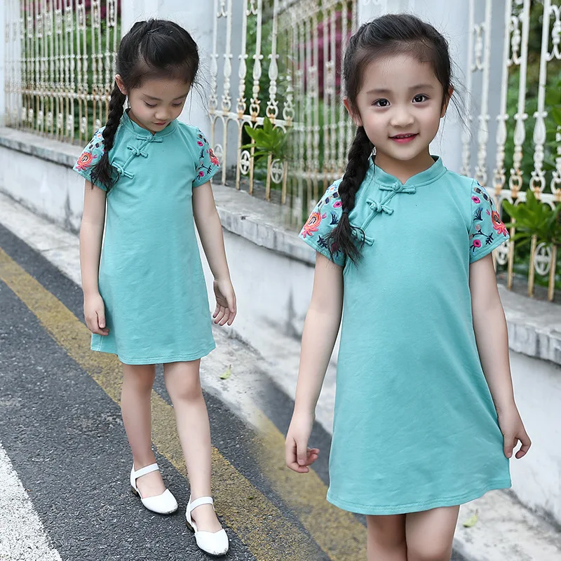 

Children's clothing summer new simple and elegant solid color embroidered cheongsam Chinese style ladies and girls dresses