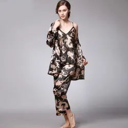 Пижама женская имитация шелковой пижамы леди Xia длинное платье с принтом шелковая Домашняя одежда костюм из трех предметов Пижама для сна и