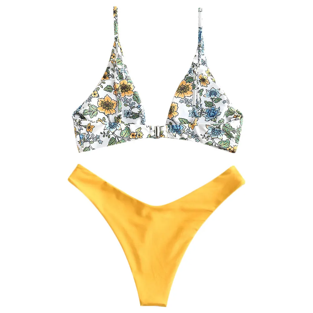 Günstig ZAFUL Winzigen Blumen Verknotet Bikini Set Badeanzug Tiefer Neck Gepolsterte Frauen Strand Tragen Strand Anzug Sexy Bademode Badeanzug