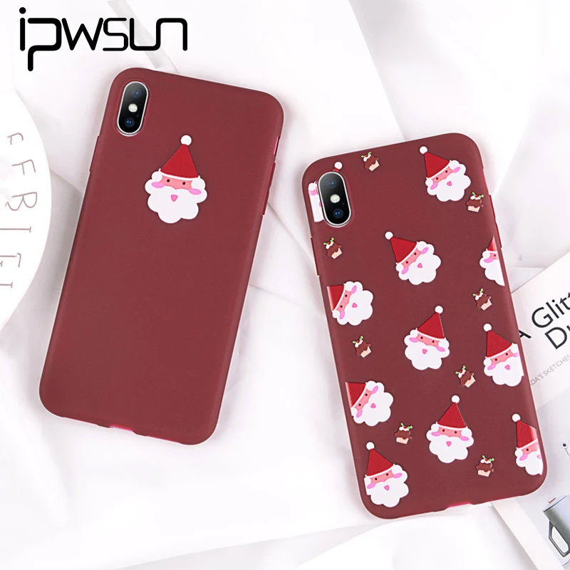 

iPWSOO Wine Red Phone Case For iPhone 6 6S 7 8 Plus X XR XS Max Case Christmas Santa Claus Pattern Relief Soft TPU Phone Cover
