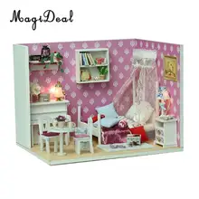 DIY Кукольный миниатюрный комплект с мебелью светодио дный светодиодный свет-королева спальня Детский подарок