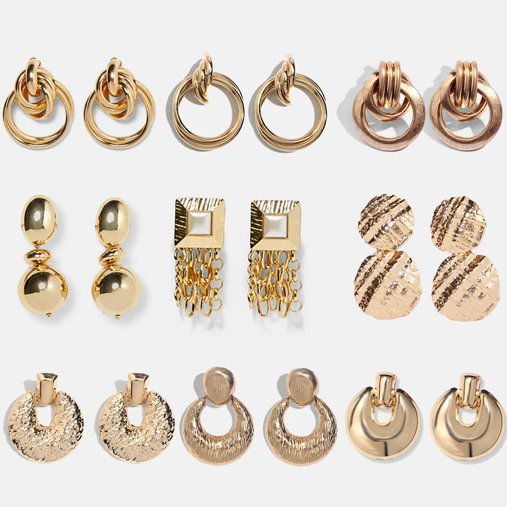

Flatfoosie ZA Trendy New Golden Drop Earrings For Women Vintage Silver Color Big Geometric Bold Punk Long Dangle Earring Jewelry