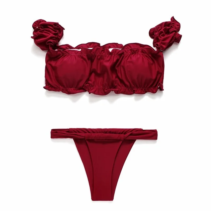 

Sexy High Cut Women Swimsuit Bandeau Two Piece Bikini Set Ruffle Side Swimming Suit Female Mini Off Shoulder Swimwear Beach Wear