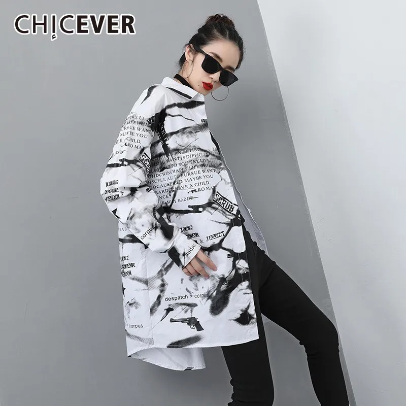 CHICEVER Весенняя женская рубашка из вискозы с цветным принтом отворотом длинным