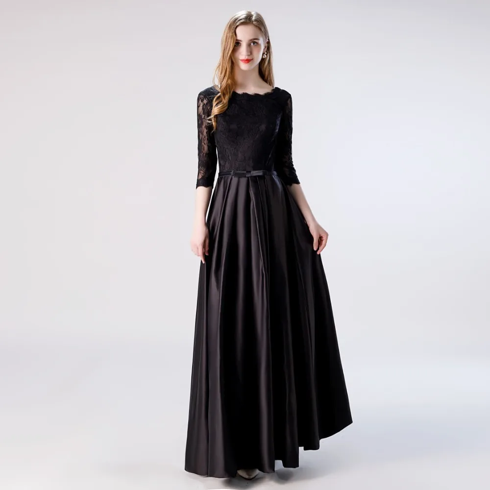 

Vivian's Bridal Vintage Black Lace Satin Simple Prom Dress Wave Feathers O-neck Slouchy Drapes A-line Half Sleeve Party Dress