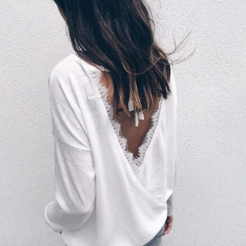 Sexy Women's Casual Backless Tops Blouse Lace Patchwork Long Sleeve Loose Shirt White/Black Ladies Autumn Baggy Blouse Hot Sale