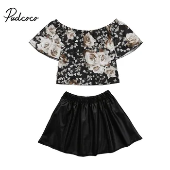 

2019 Baby Girl summer clothing set Sleeveless rose Flower T-shirt Top Leather Skirts Mini Outfits for Kid cloth toddler Children