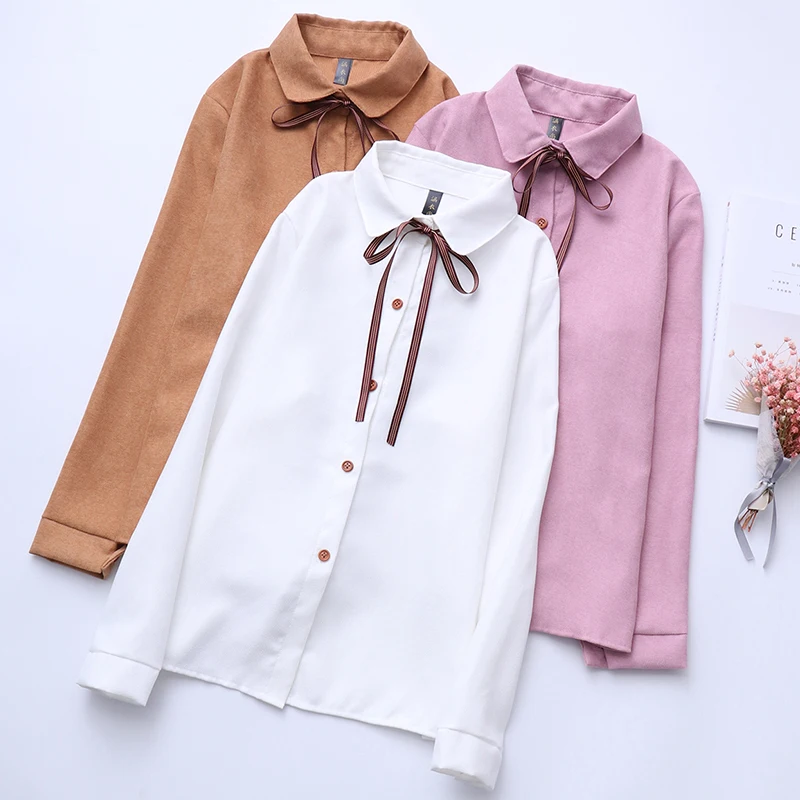

Caramel,White,Pink Tops and Blouses Bowknot Women Peter Pan Collar Long Sleeve Corduroy Shirts Spring Female Sweet Blouse S-XL