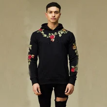 Мужской пуловер с капюшоном и цветочной вышивкой, толстовки с капюшоном, уличная мода, хлопок, хип-хоп стиль, тонкая уличная одежда с круглым вырезом, осенняя толстовка с капюшоном