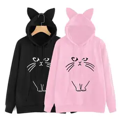 Повседневный милый свитер с капюшоном и кошачьими ушками для женщин и девочек, Свободный пуловер с длинными рукавами и принтом кота, модный