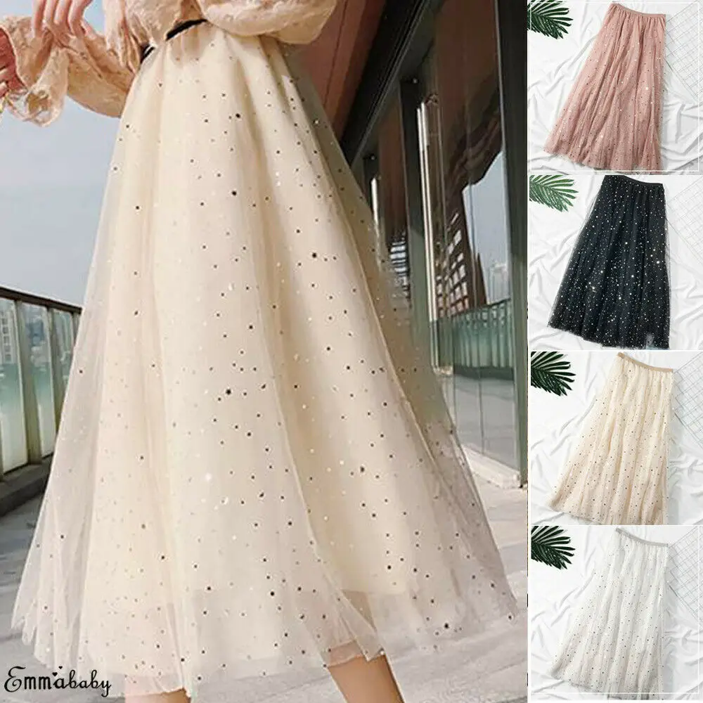 

Women Casual Party Pleated Tulle Skirt Shiny Star Sequins Mesh Skirt Hot High Waist Skirt