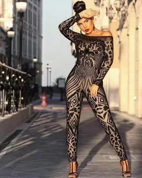 

Women Black Long Sleeve Slash Neck Bodycon Sequines Jumpsuits High Quality Ladies Sexy Celebrity Fashion Wear